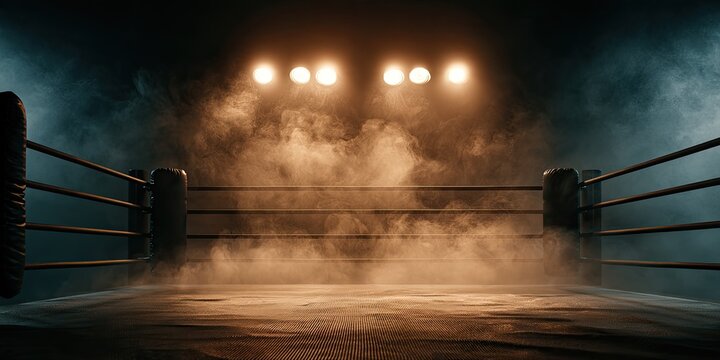 A smoky, dimly lit boxing ring with bright spotlights overhead