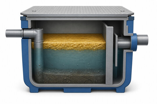 Commercial kitchen grease trap cross section illustration