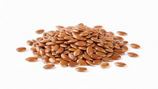 Natural Brown Flax Seeds in a Heap on Clean White Background