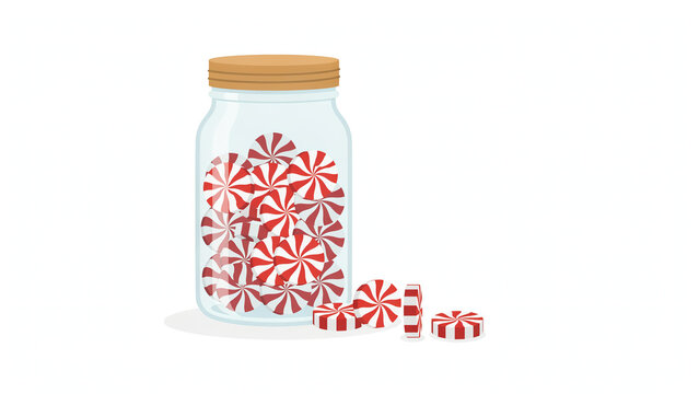 Glass storage jar filled with sweet red and white peppermint swirl hard candies.