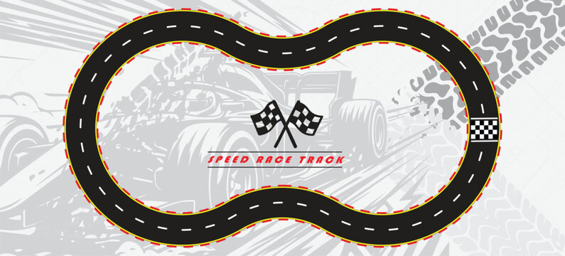 Speed Race Background. Race track in black color with tyre marks and city map on a white background.