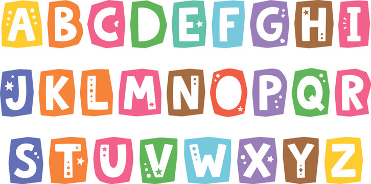 Colorful Ransom Note Cutout Alphabet Vector Font Set with Playful Shapes and Stars for Kids Creative Crafts and Party Birthday Greeting Card Designs