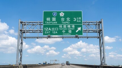 Fototapeta premium Highway Overhead Signage Directing Travelers Towards Taoyuan Taipei and Airport Destinations
