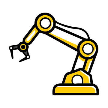 Yellow industrial robot arm with gripper shows automation manufacturing process.