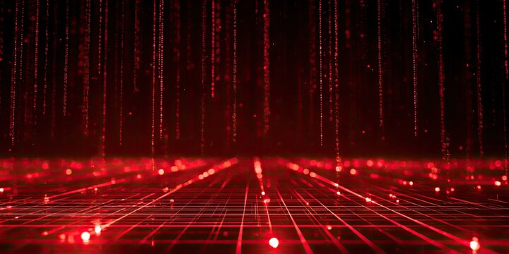 Abstract red digital rain and grid of lights on black background