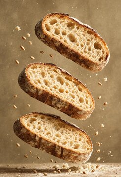 Three floating slices of artisanal sourdough bread with falling wheat grains on a textured rustic brown background
