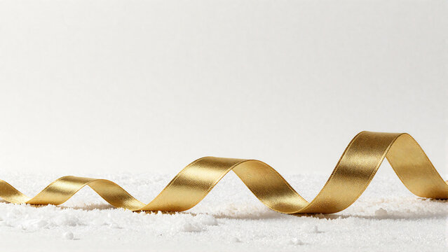Elegant Golden Satin Ribbon Curling Over White Winter Snow