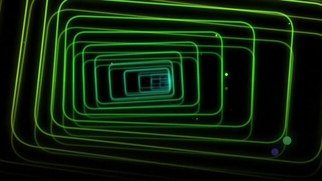 Abstract background with glowing green neon rectangles forming a deep tunnel effect.