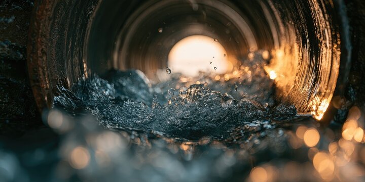 Water churns and splashes within a dark, metallic pipe with sunlight glinting