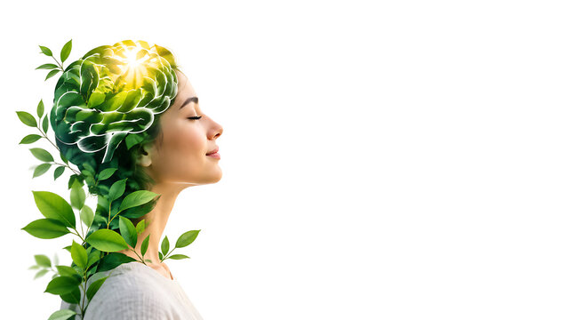 Mental health day concept with human head silhouette, green leaves, brain illustration and copy space for text