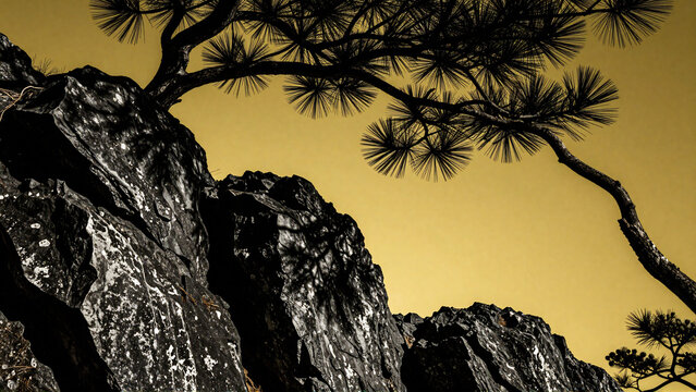 Pine tree silhouette on rocky mountain cliff at sunset