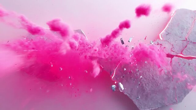 ?Dynamic pink explosion of shattered rock with neon lighting effects