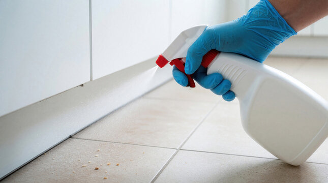 Gloved hand sprays cleaner near kitchen cabinet baseboard and tiled floor. Pest prevention or deep cleaning action performed for home sanitation. Close up shot.