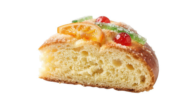 A slice of sweet traditional spanish roscon de reyes holiday cake isolated on transparent background