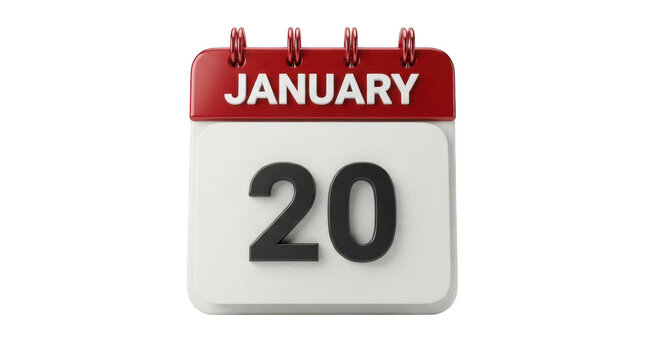 Red wall calendar page showing the date of january twentieth day isolated on transparent background
