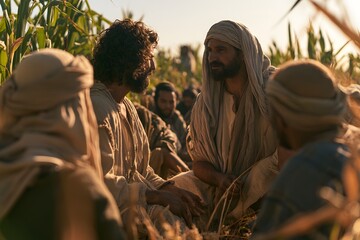 Fototapeta premium Group of men in biblical garments sitting and talking together outdoors in a field