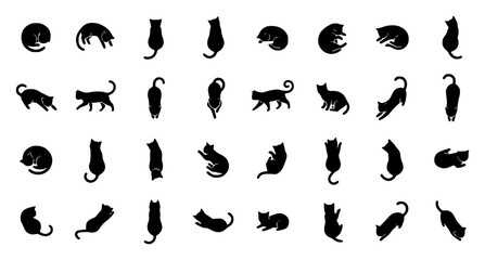 Fototapeta premium Minimalist vector illustration of a grid of 24 black cats set with simple line art design featuring simple design, minimalist, black and white with illustrations and graphics