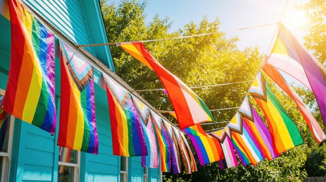 Colorful pride flags hang on strings outside blue building. Rainbow banners, transgender flags, progressive pride symbols decorate street for lgbtq parade. Vibrant flags flutter in sun, celebrating