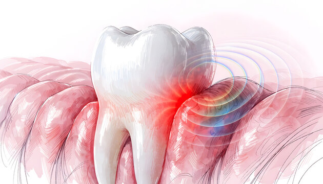 Gingivitis inflammation and periodontal gum disease pain waves. Oral care treatment. Cross section of molar tooth showing radiating inflammation along gum line