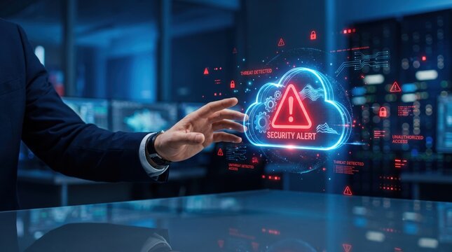 Cybersecurity expert interacting with holographic cloud security alert interface, futuristic technology concept, data protection, network threat detection, digital defense, IT infrastructure