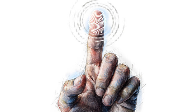 Biometric fingerprint scan and digital identity authentication. Cybersecurity and privacy verification. Hand touching interactive sensor display with neon glow