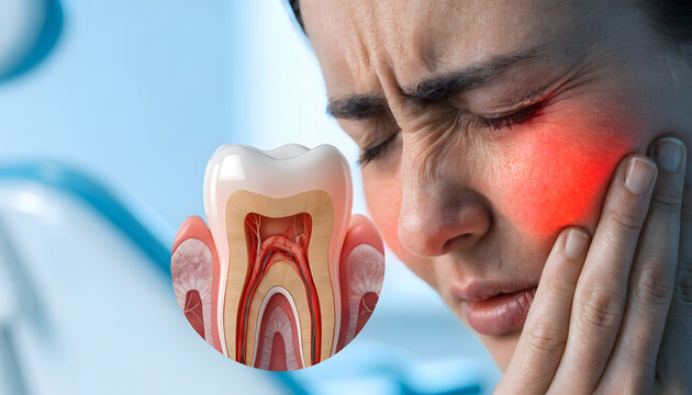 Toothache symptom and pulpitis nerve inflammation in dental patient. Emergency stomatology care. Woman holding painful swollen cheek near cross section of molar tooth