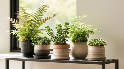 Fototapeta premium Assorted potted houseplants sit in a row on a metal shelf positioned near a bright window.