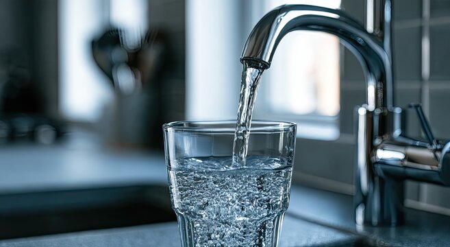 Crystal clear liquid pours from a metallic faucet into a fluted glass