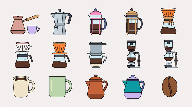Flat design icon set of coffee brewing methods and equipment, isolated on white background
