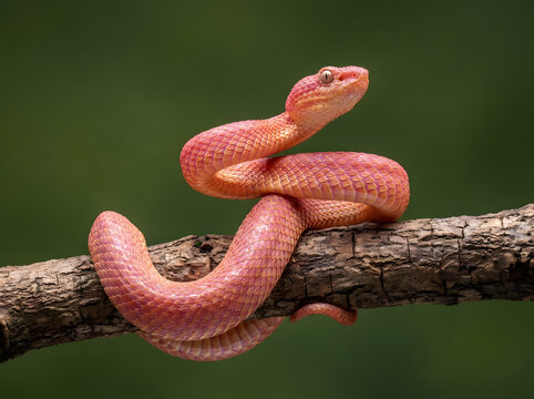 Pink pit viper snake coiled on a tree branch in a natural tropical forest environment