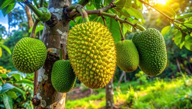 Large jackfruit growing on a tree branch in sunlight.