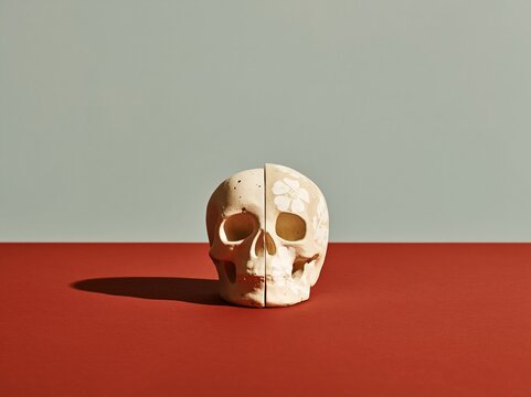 Split ceramic skull with one side decorated in white floral motifs, resting on a red surface with copy space for art and remembrance themes
