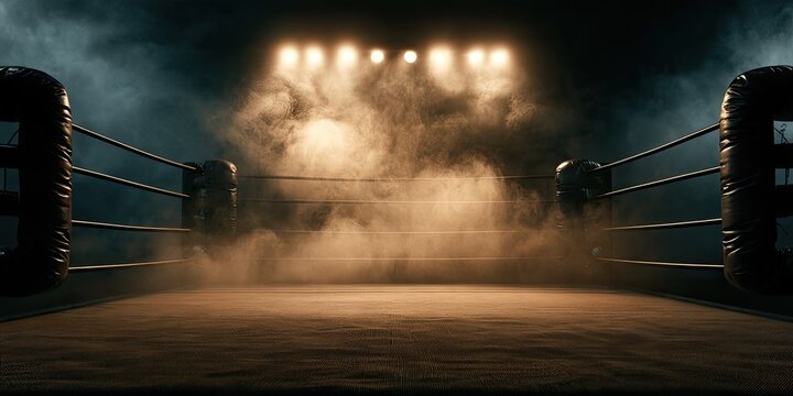 Boxing ring in smoky arena, illuminated by spotlights, ready for combat