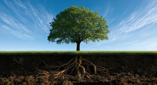 Large tree with sprawling roots beneath vibrant green grass and blue sky
