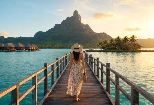 A woman in a floral dress and sun hat walking along a wooden pier towards a tropical mountain in Bora Bora