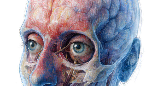 Detailed human head anatomy and muscular structure illustration. Medical education and facial biology. Scientific model showing cranial nerves and optical muscle layers