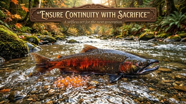 Spawning Salmon Protecting Eggs in a Forest Stream with Inspirational Quote Signage