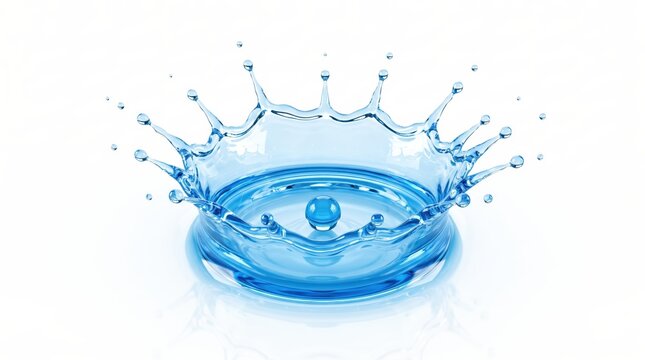 Crystal clear blue water splash forming a perfect crown shape with flying droplets, isolated on white background, high speed photography, purity and freshness concept