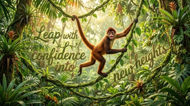 Spider Monkey Swinging in Tropical Rainforest with Inspirational Quote Leap with Confidence