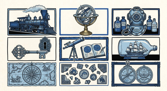 Vintage nautical exploration icon set with steam train armillary sphere ship in a bottle and compass vector illustration