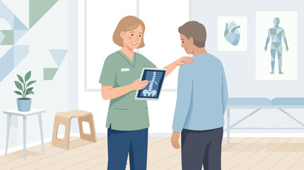 Fototapeta premium Doctor showing x-ray to patient in clinic, medical consultation, healthcare concept