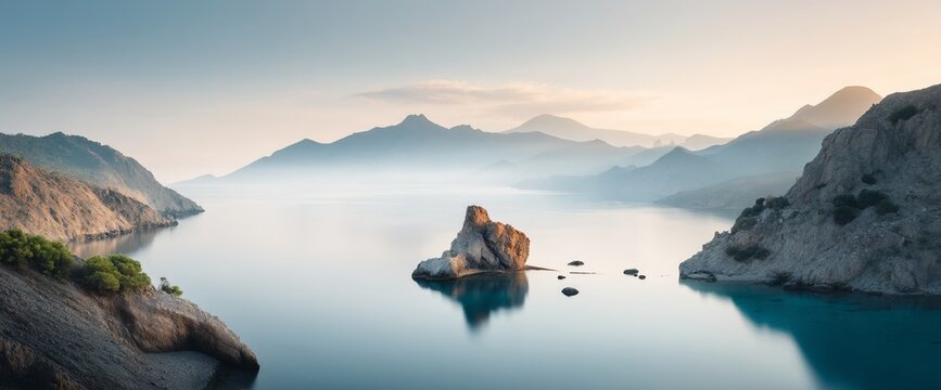 Serene coastal view calm water reflects mountains and a rock, under a soft sunrise glow