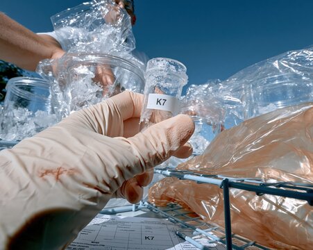 Personalized medicine cryovial with a K7 label held by a gloved hand, featuring frosty glass and a log sheet for precision medicine research