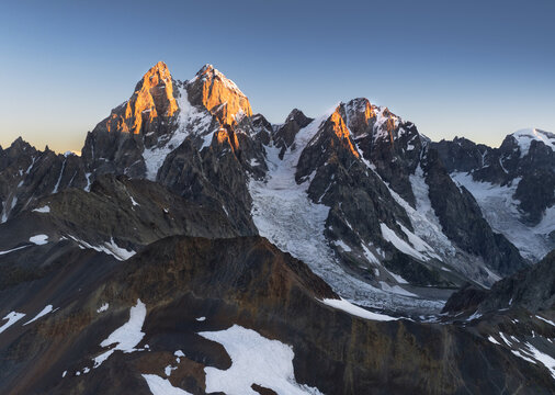 Ushba peak. Picturesque morning view of Caucasus mountains, Upper Svaneti, Georgia, Europe. Beauty of nature concept background