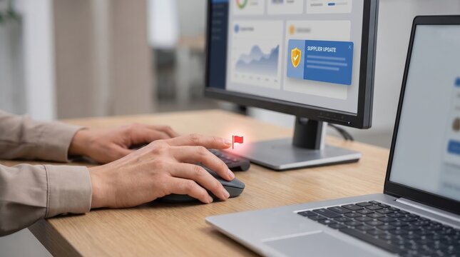 Small Business Phishing Prevention concept. Person working on computer with cybersecurity and data protection visuals