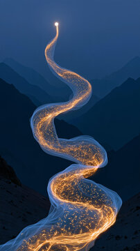 Mid-Autumn moon silk longing concept, moonlight materialized into silk ribbon through mountain silhouettes, oracle bone golden longing symbols sealed, thousand-mile light bridge, poetic oriental cultu