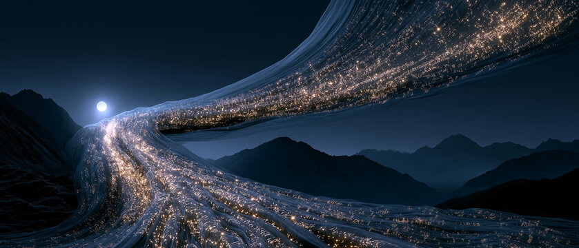 Mid-Autumn moon silk longing concept, moonlight materialized into silk ribbon through mountain silhouettes, oracle bone golden longing symbols sealed, thousand-mile light bridge, poetic oriental cultu