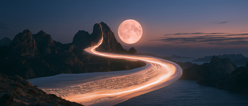 Mid-Autumn moon silk longing concept, moonlight materialized into silk ribbon through mountain silhouettes, oracle bone golden longing symbols sealed, thousand-mile light bridge, poetic oriental cultu