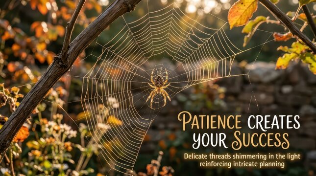 Spider patiently building intricate web in golden morning sunlight, autumn foliage, inspirational qu