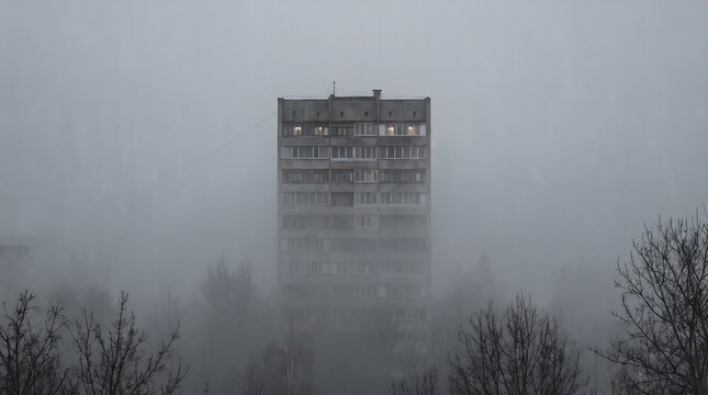 Isolated Soviet panel apartment building emerging from thick fog with lit windows and bare trees